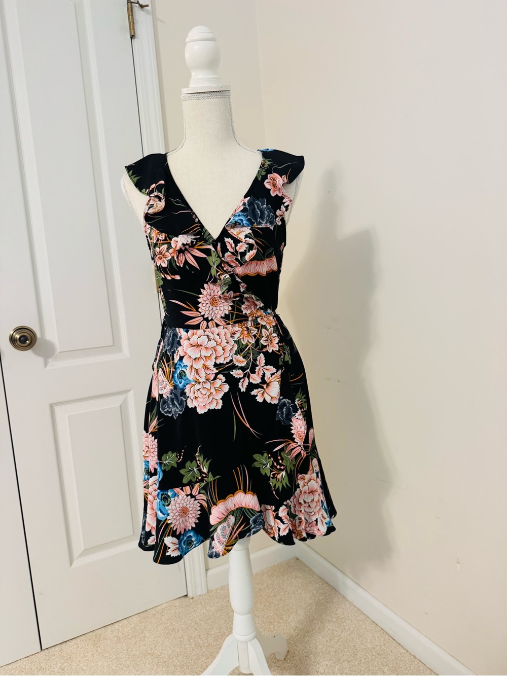 Yellow Molly Floral V-Neck Black Fit & Flare Wrap Ruffle Dress